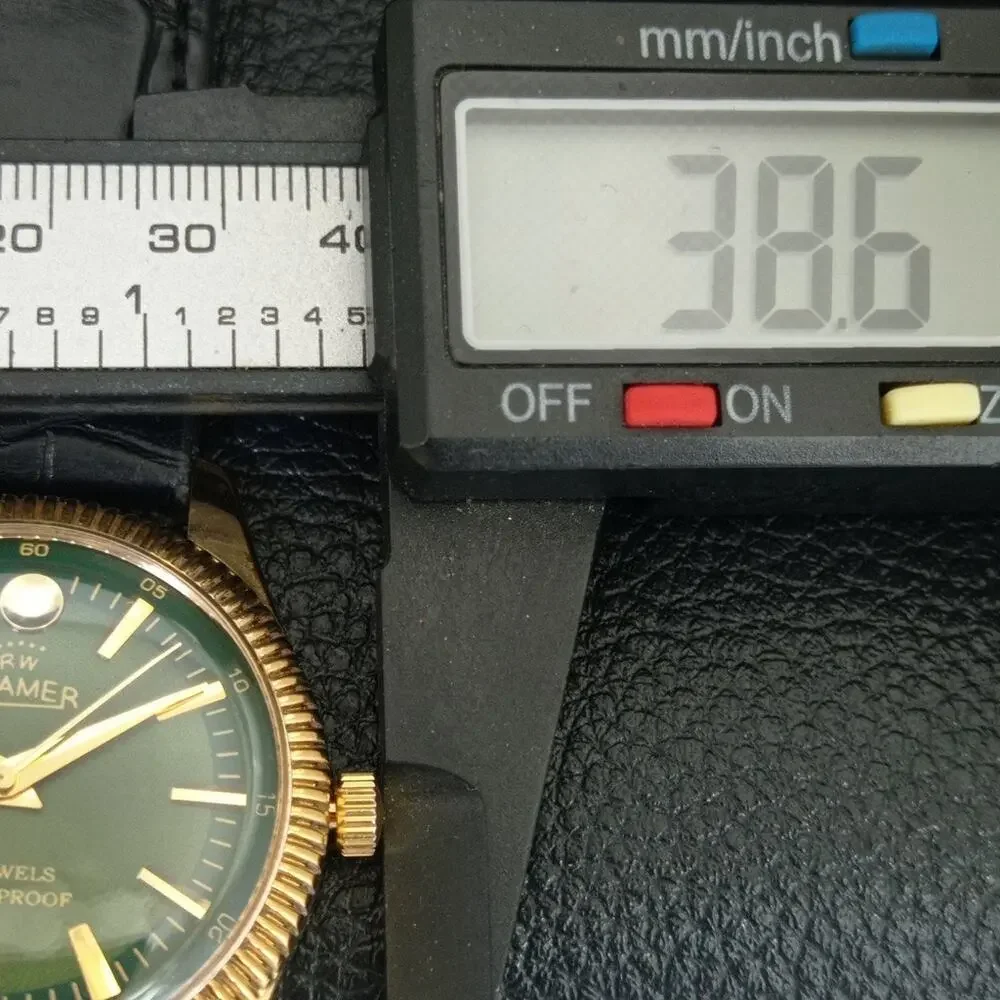 Vintage 1978 Roamer Manual Mens Gold Watch W/Leather Strap & Green accents